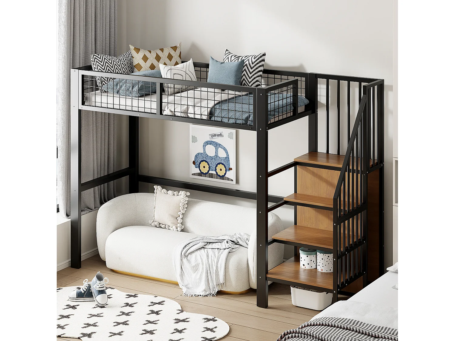 Hochbett 90 x 200 cm – mit Regalen und Lattenrost – schwarzes Metall – Matratze nicht enthalten