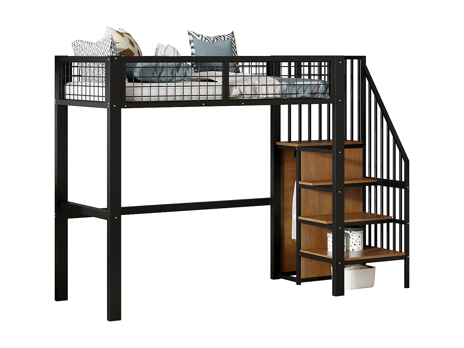 Hochbett 90 x 200 cm – mit Regalen und Lattenrost – schwarzes Metall – Matratze nicht enthalten