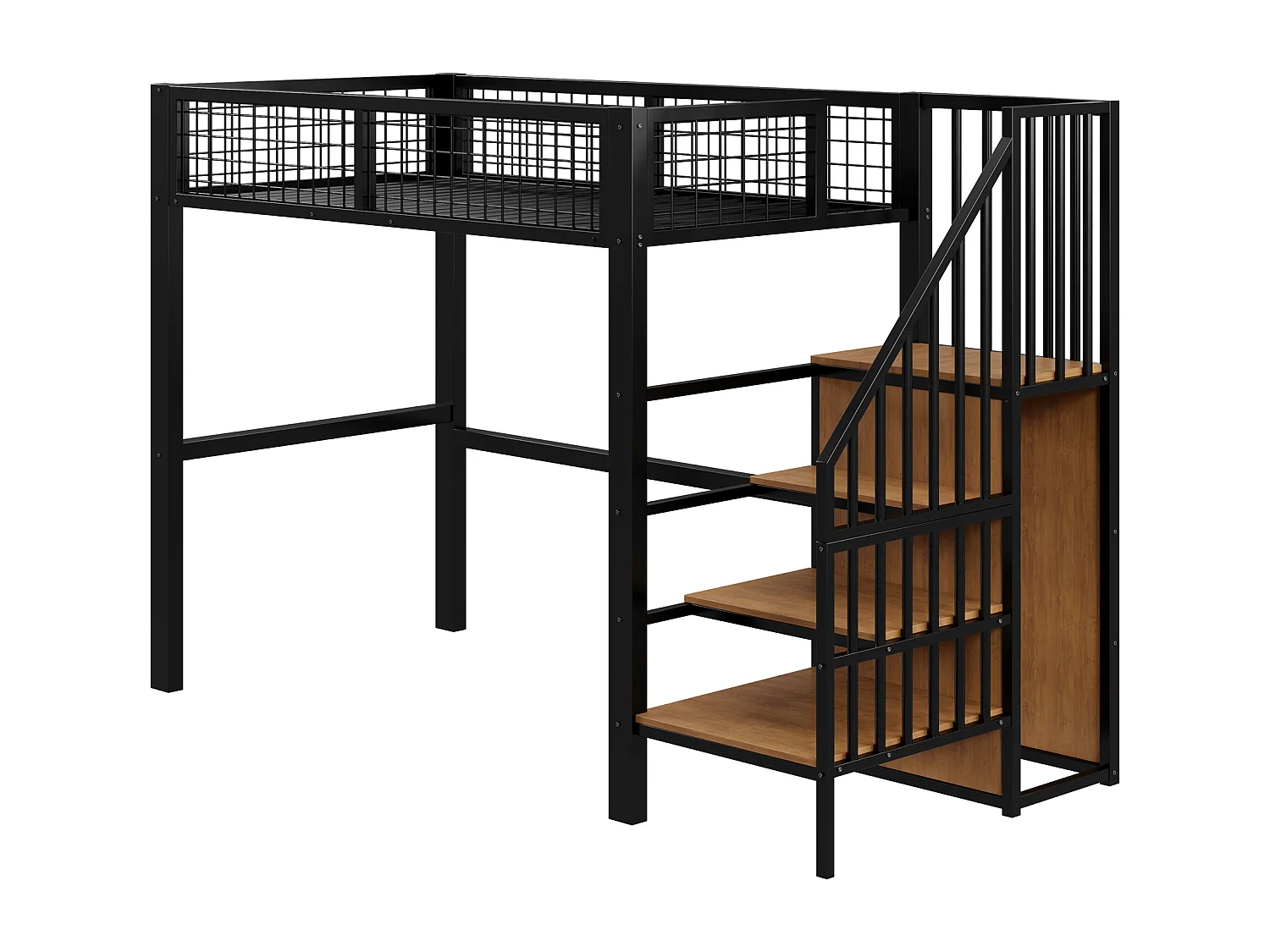 Hochbett 90 x 200 cm – mit Regalen und Lattenrost – schwarzes Metall – Matratze nicht enthalten