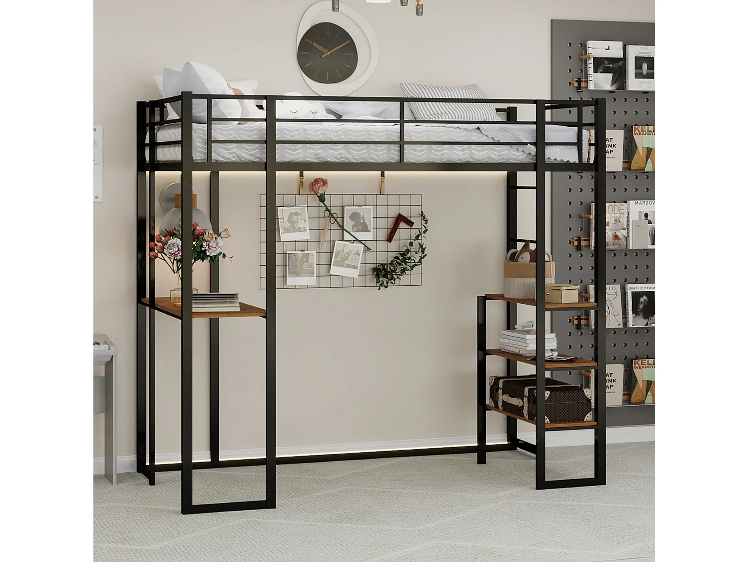 Lit mezzanine 90x190 cm - Lit ado avec bureau et étagères de rangement - noir - sans matelas