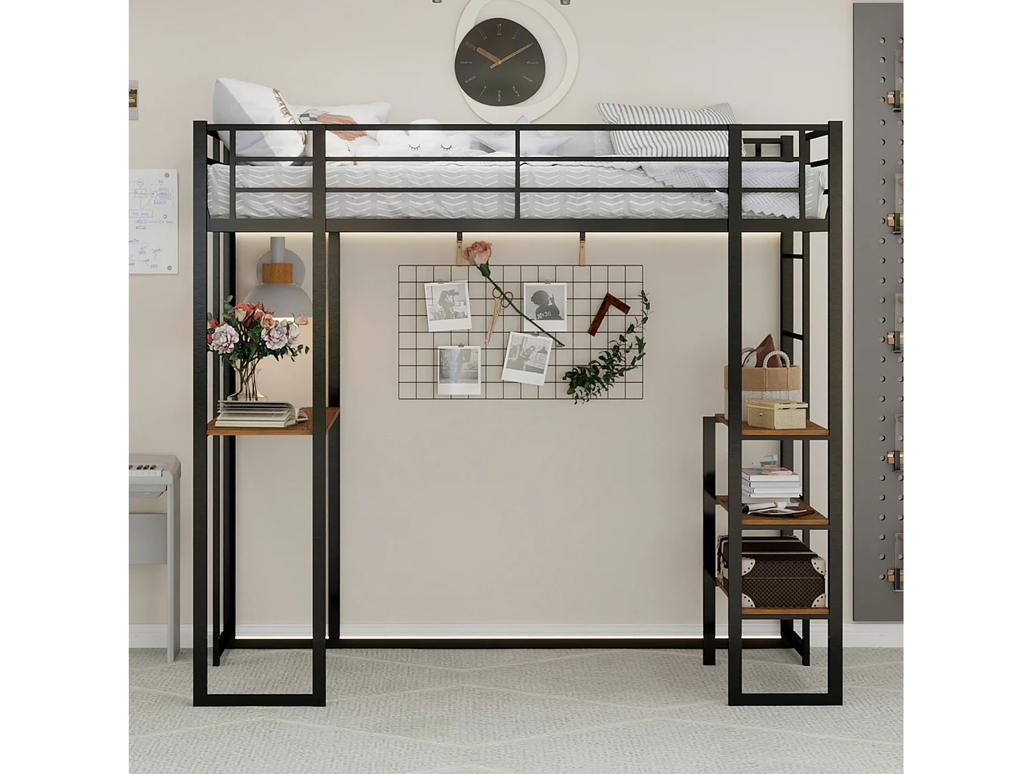 Lit mezzanine 90x190 cm - Lit ado avec bureau et étagères de rangement - noir - sans matelas