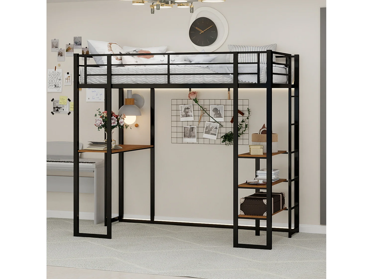Lit mezzanine 90x190 cm - Lit ado avec bureau et étagères de rangement - noir - sans matelas