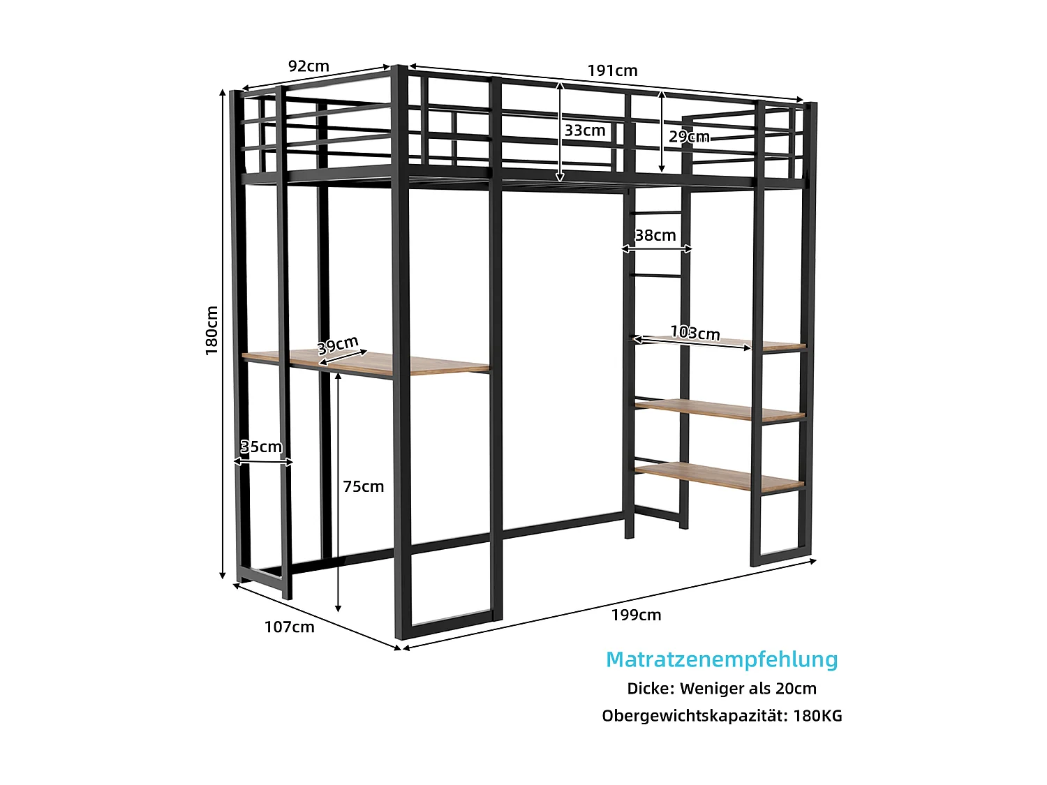 Lit mezzanine 90x190 cm - Lit ado avec bureau et étagères de rangement - noir - sans matelas