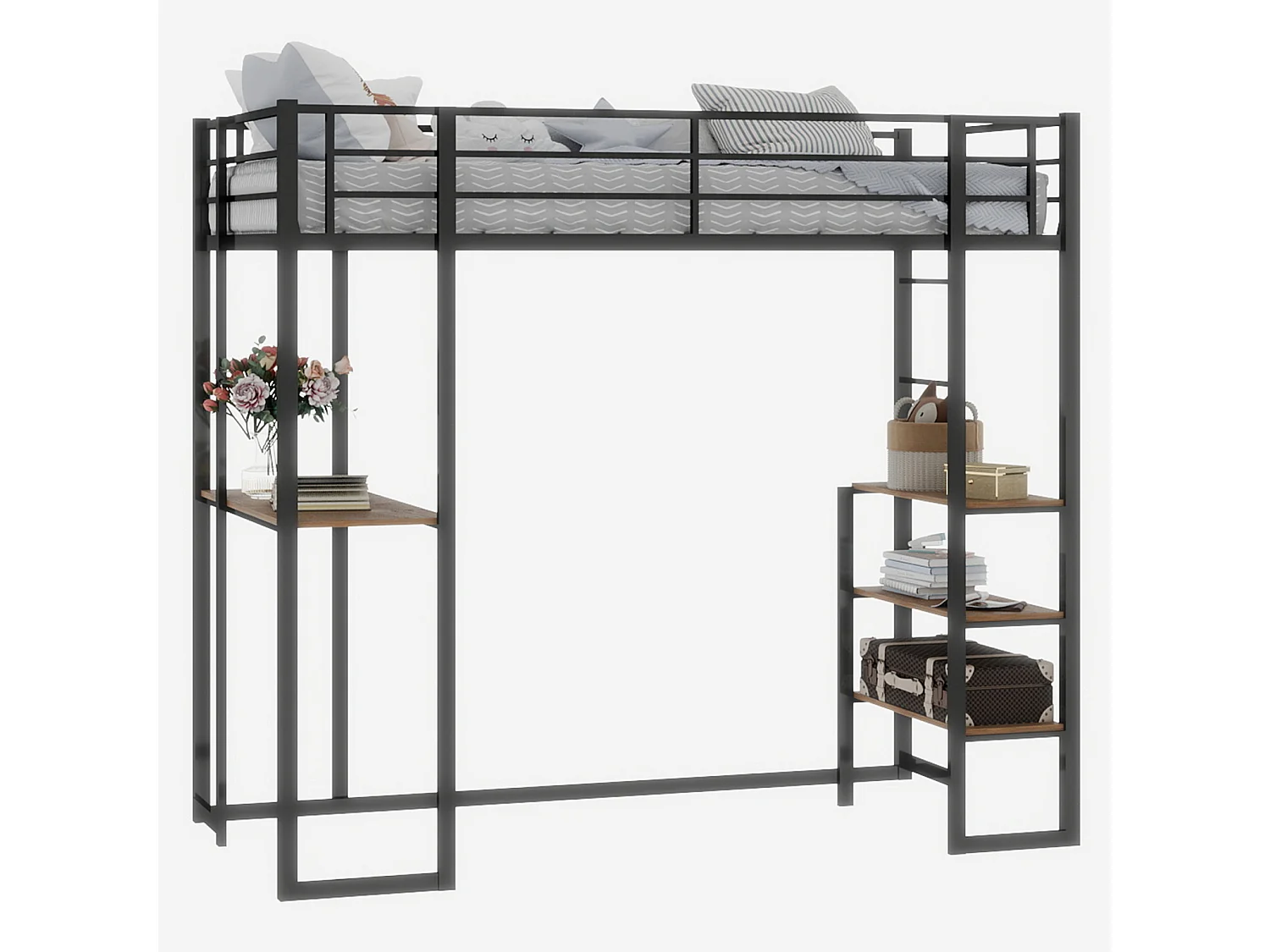 Lit mezzanine 90x190 cm - Lit ado avec bureau et étagères de rangement - noir - sans matelas