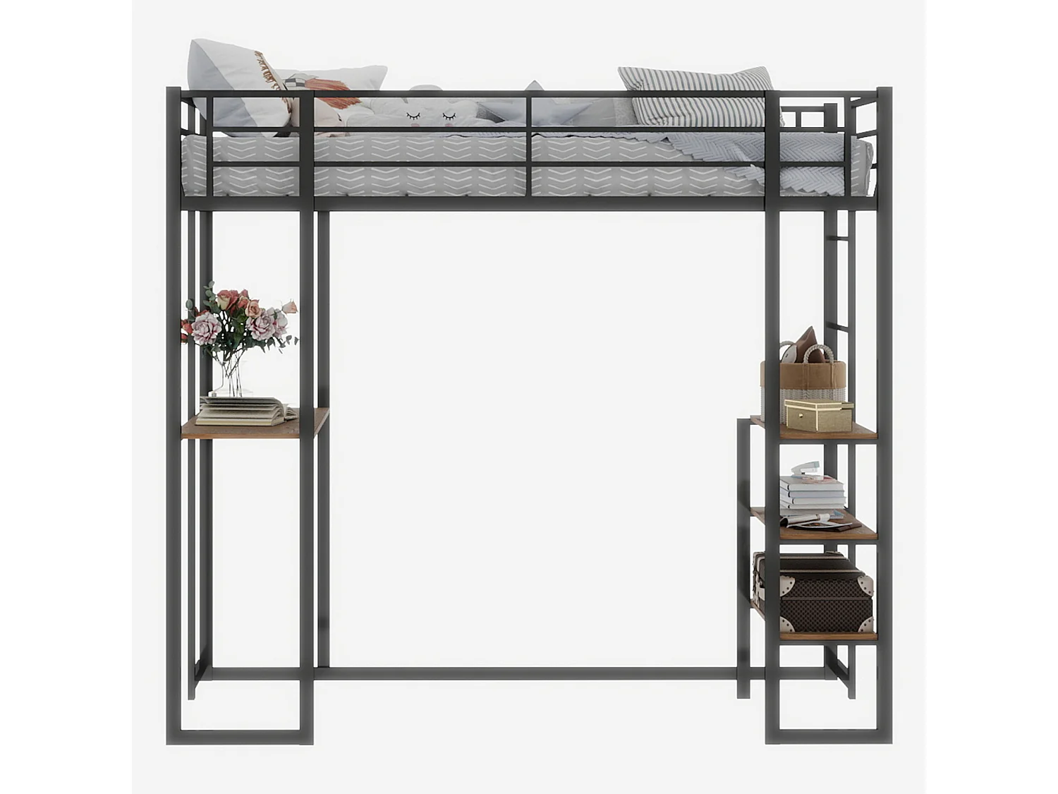 Lit mezzanine 90x190 cm - Lit ado avec bureau et étagères de rangement - noir - sans matelas
