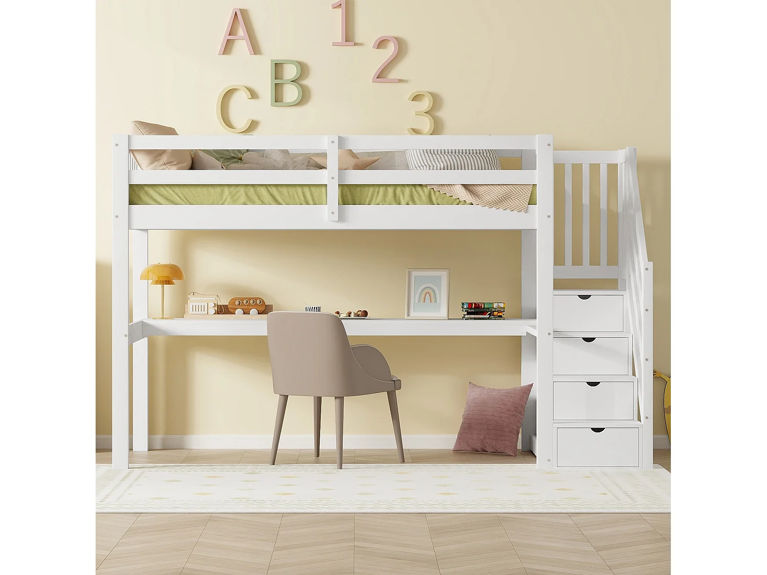 Hochbett 90 x 200 cm – mit Schubladen und Schreibtisch – weiße Kiefer – Matratze nicht enthalten