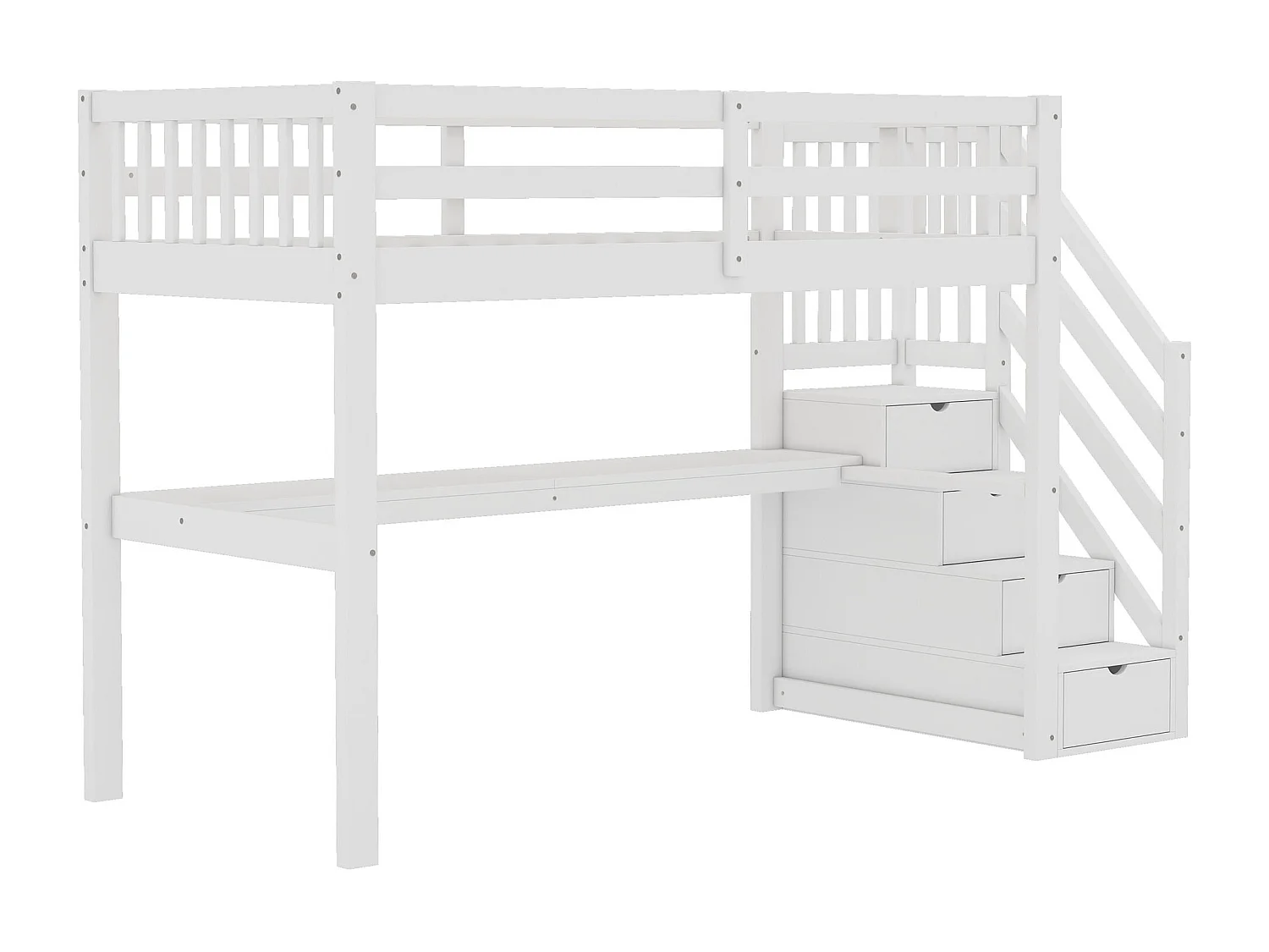 Hochbett 90 x 200 cm – mit Schubladen und Schreibtisch – weiße Kiefer – Matratze nicht enthalten