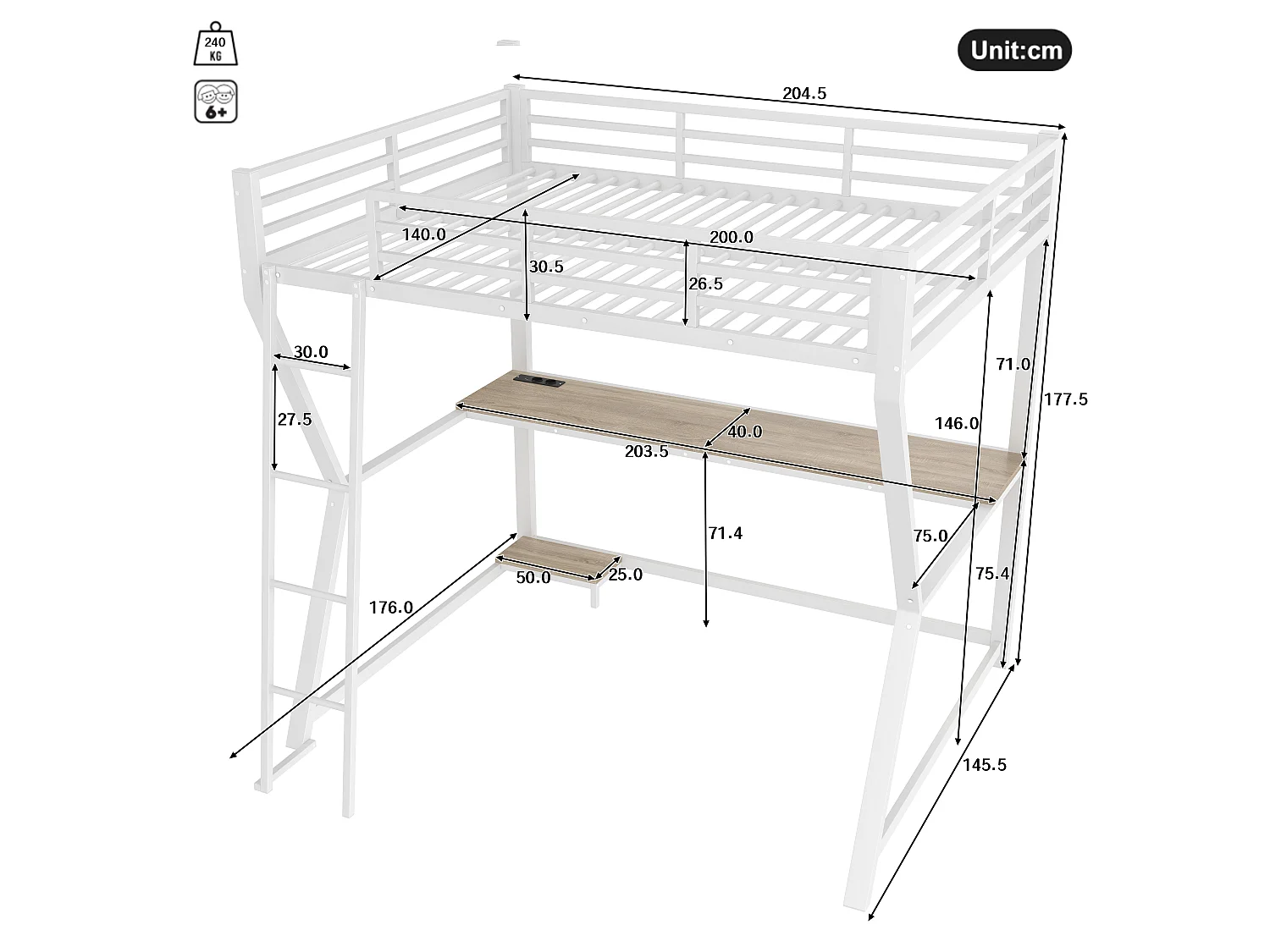 Hochbett 140 x 200 cm – Bett für Erwachsene mit LED- und USB-Beleuchtung, Schreibtisch – weiß – Matratze nicht enthalten