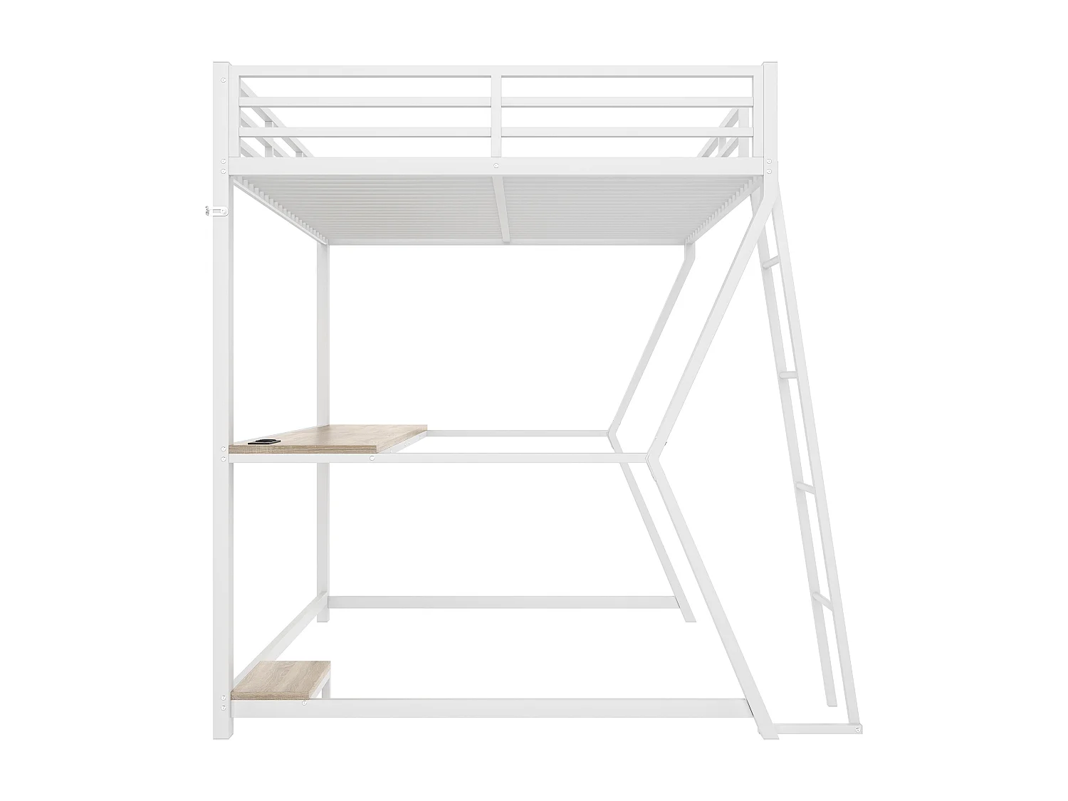 Hochbett 140 x 200 cm – Bett für Erwachsene mit LED- und USB-Beleuchtung, Schreibtisch – weiß – Matratze nicht enthalten