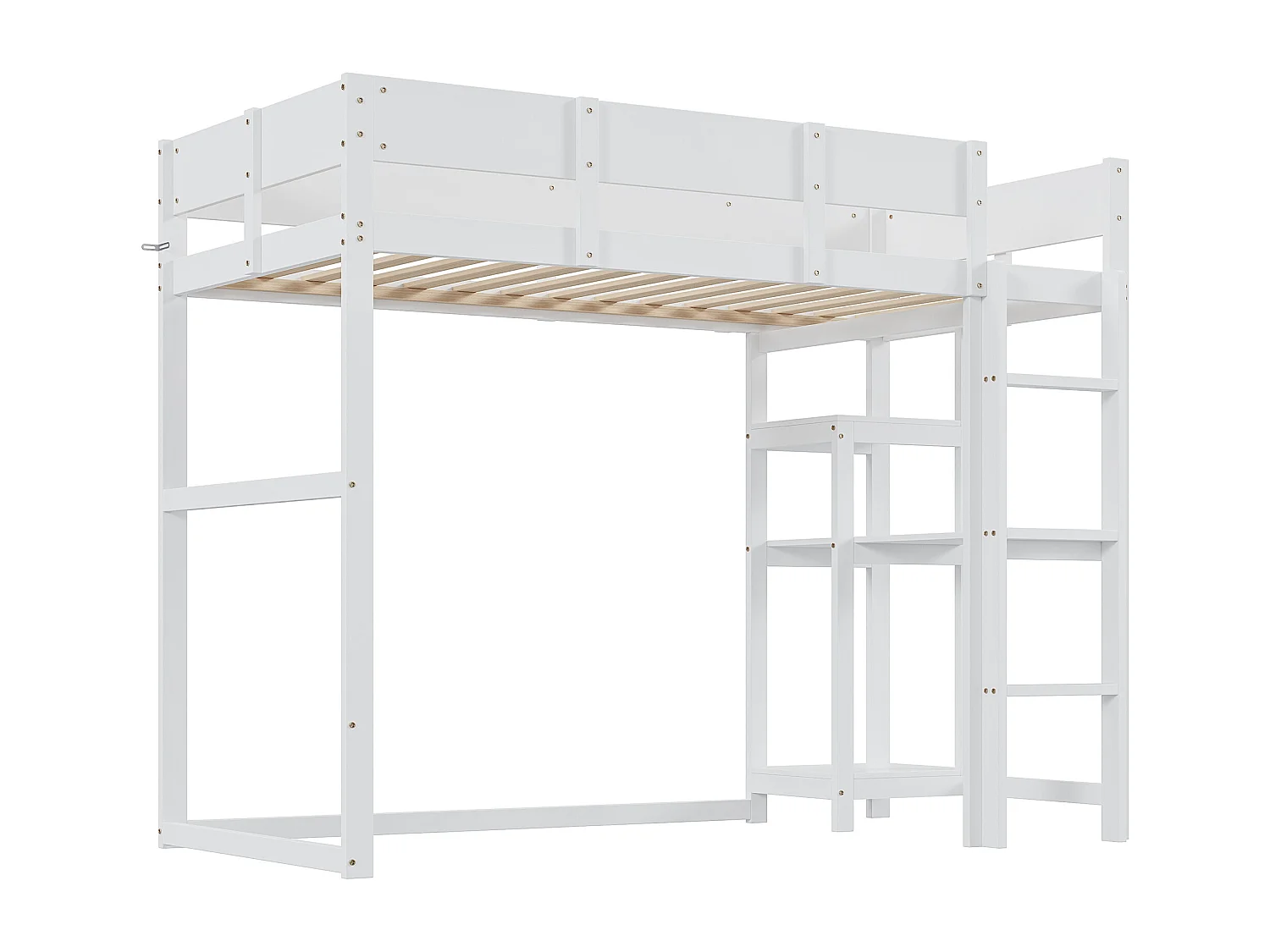 Hochbett 90x200 cm – mit Ablagefächern, Lattenrost aus Holz – weiß – Matratze nicht enthalten