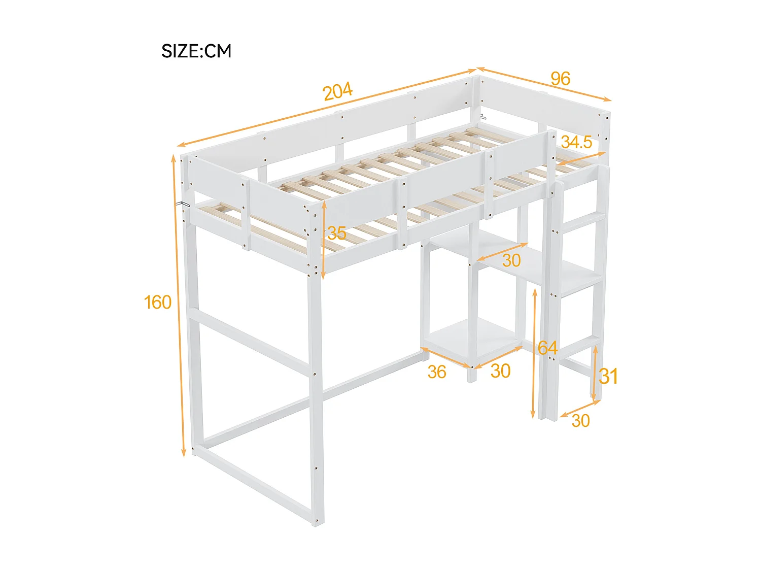 Hochbett 90x200 cm – mit Ablagefächern, Lattenrost aus Holz – weiß – Matratze nicht enthalten