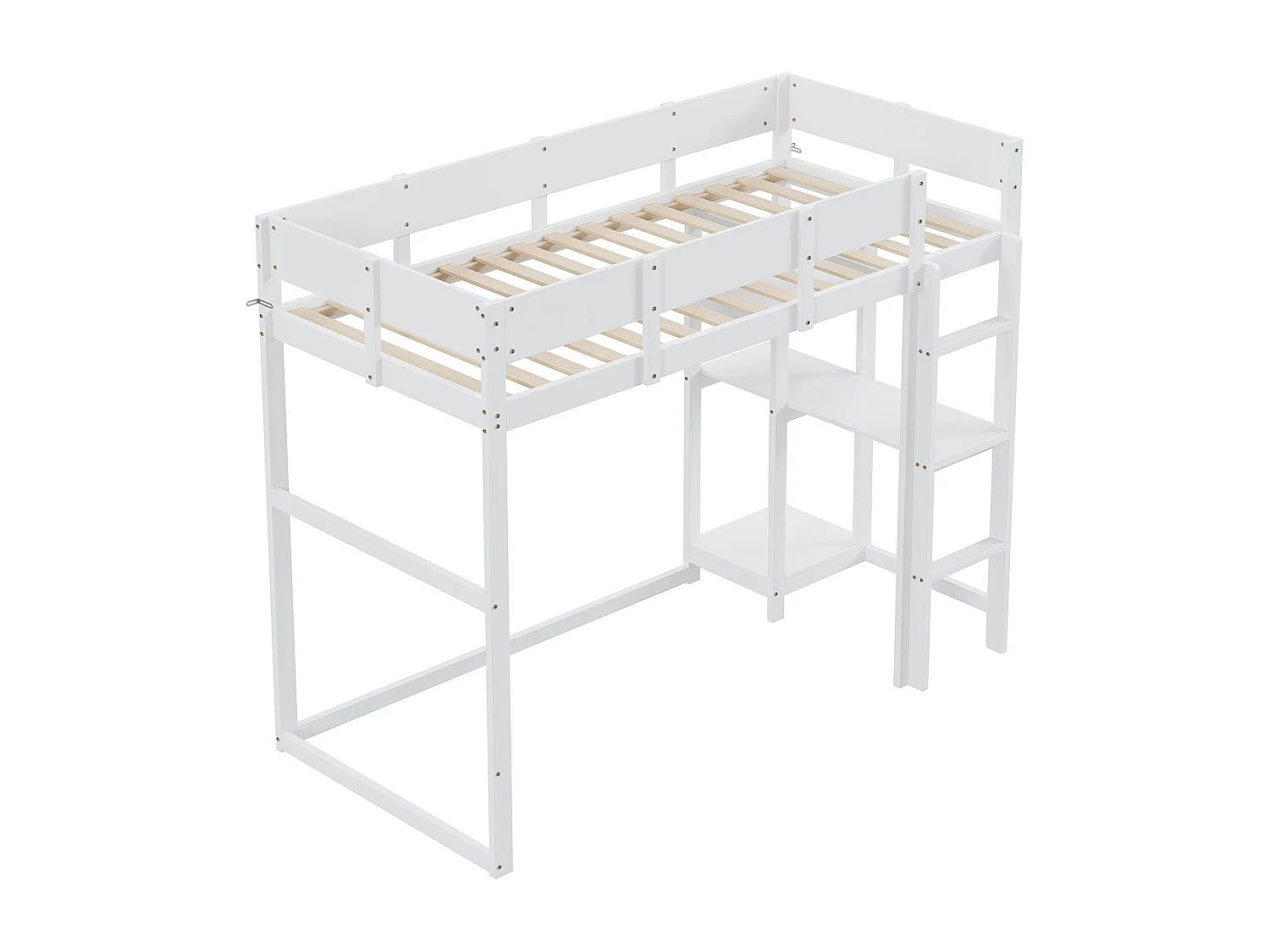 Hochbett 90x200 cm – mit Ablagefächern, Lattenrost aus Holz – weiß – Matratze nicht enthalten