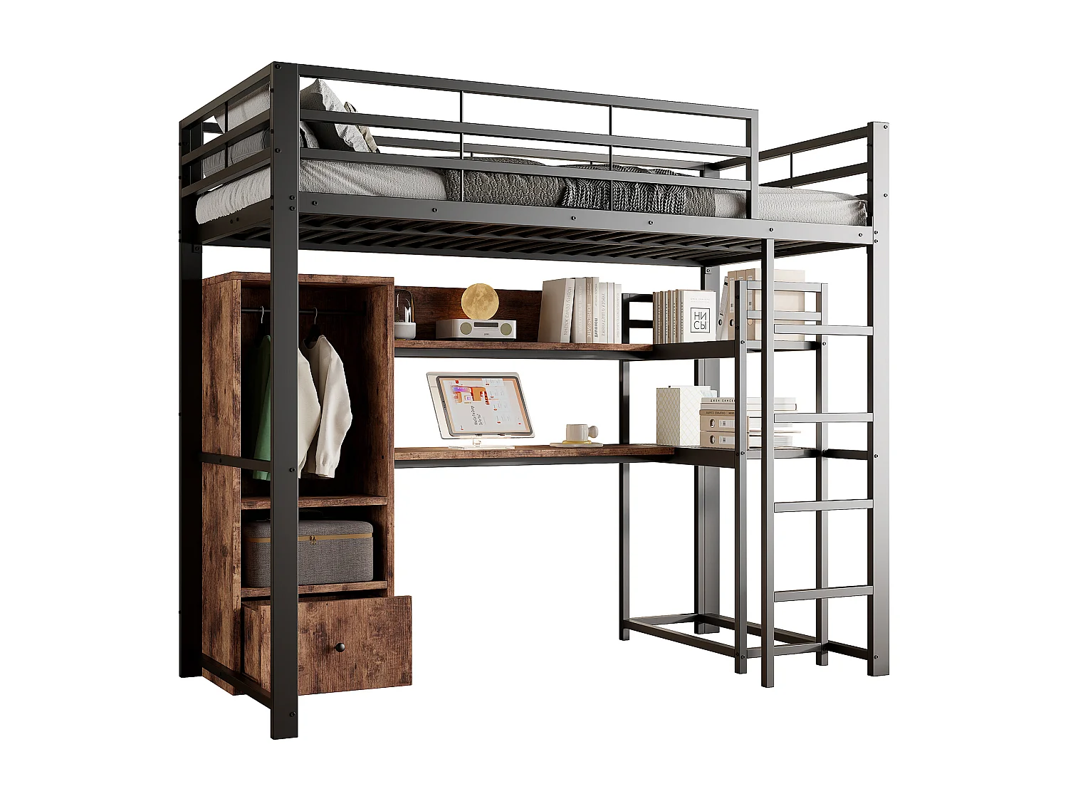 Hochbett 140x200 cm – Jugendbett mit Kleiderschrank und Schreibtisch – schwarz – ohne Matratze