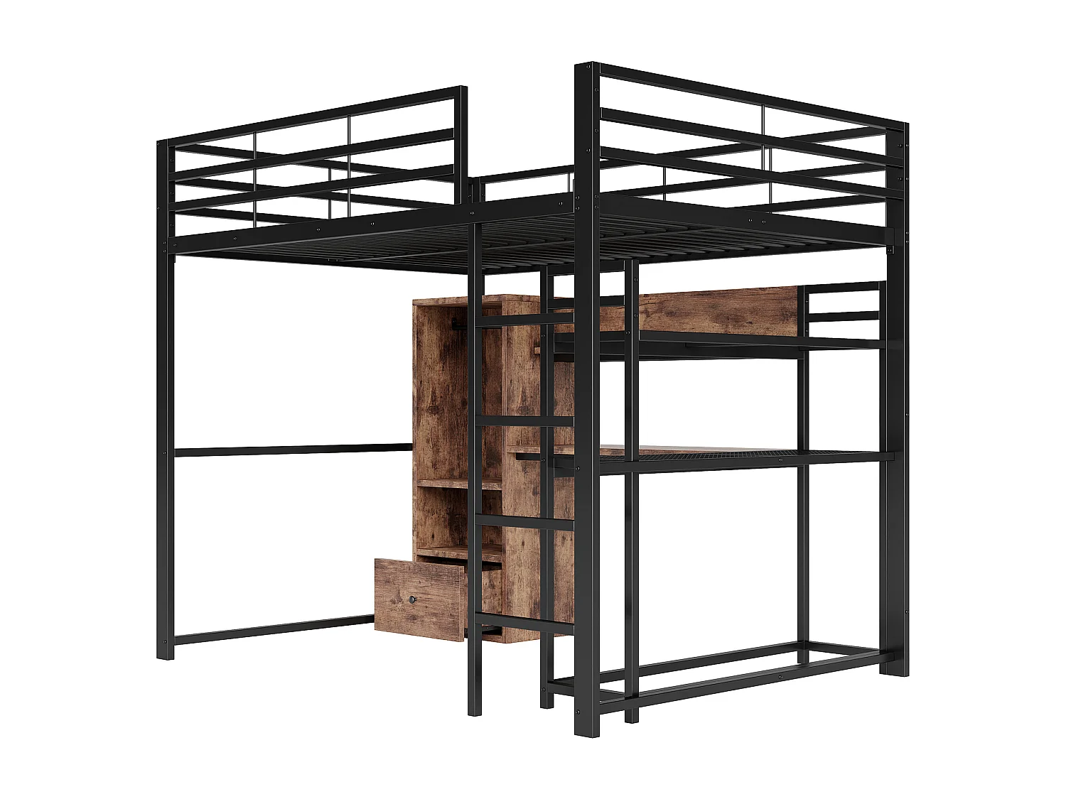 Hochbett 140x200 cm – Jugendbett mit Kleiderschrank und Schreibtisch – schwarz – ohne Matratze