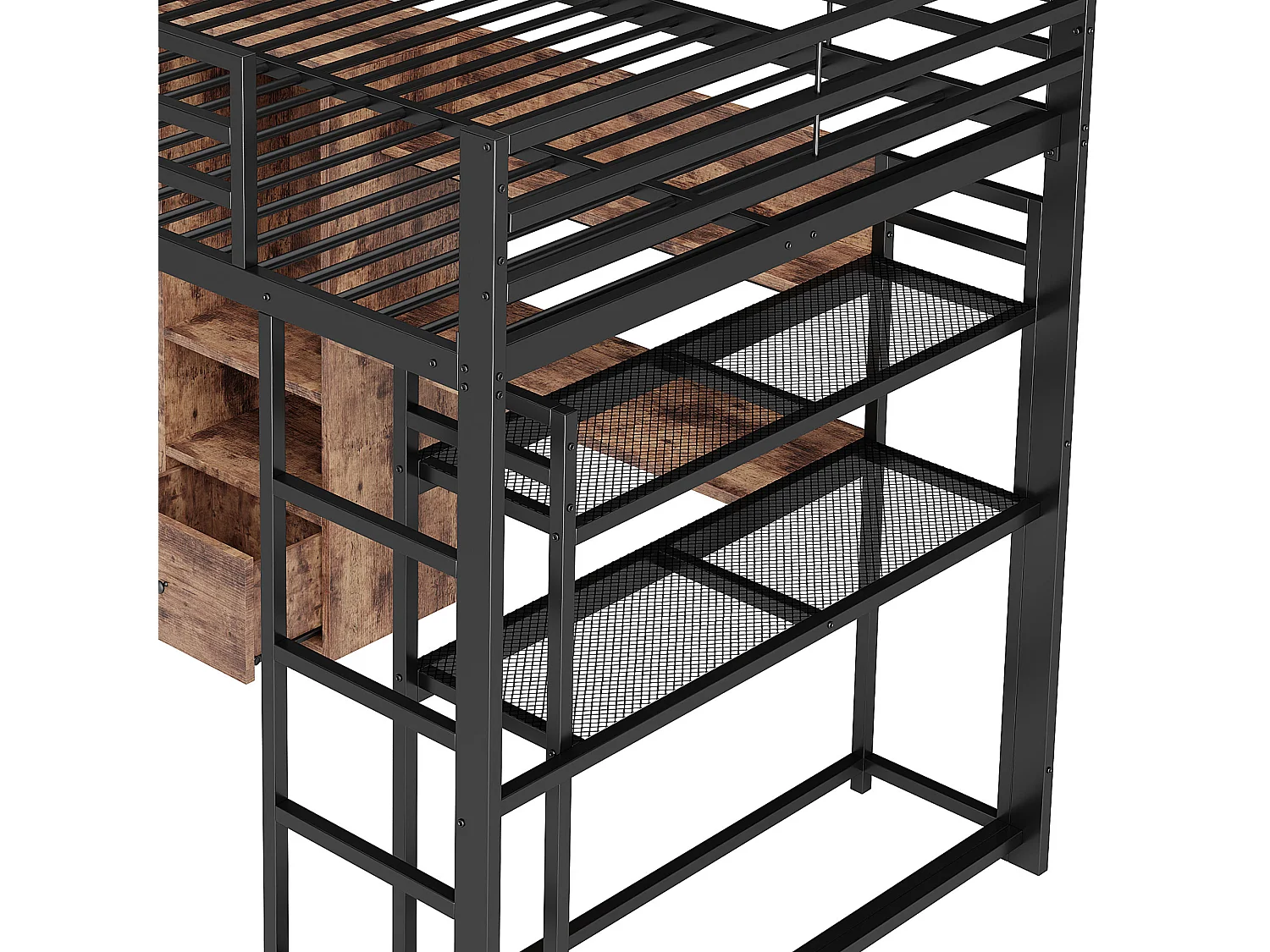 Hochbett 140x200 cm – Jugendbett mit Kleiderschrank und Schreibtisch – schwarz – ohne Matratze