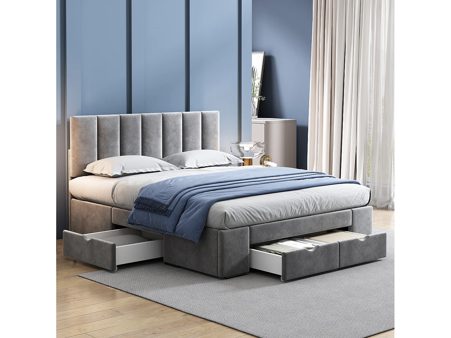 Lit adulte 140 x 200 cm - avec tête de lit, 4 tiroirs, sommier à lattes - en velours - gris - sans matelas