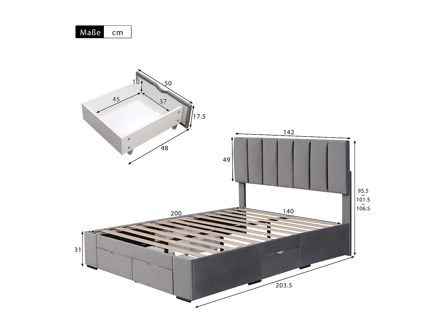 Lit adulte 140 x 200 cm - avec tête de lit, 4 tiroirs, sommier à lattes - en velours - gris - sans matelas