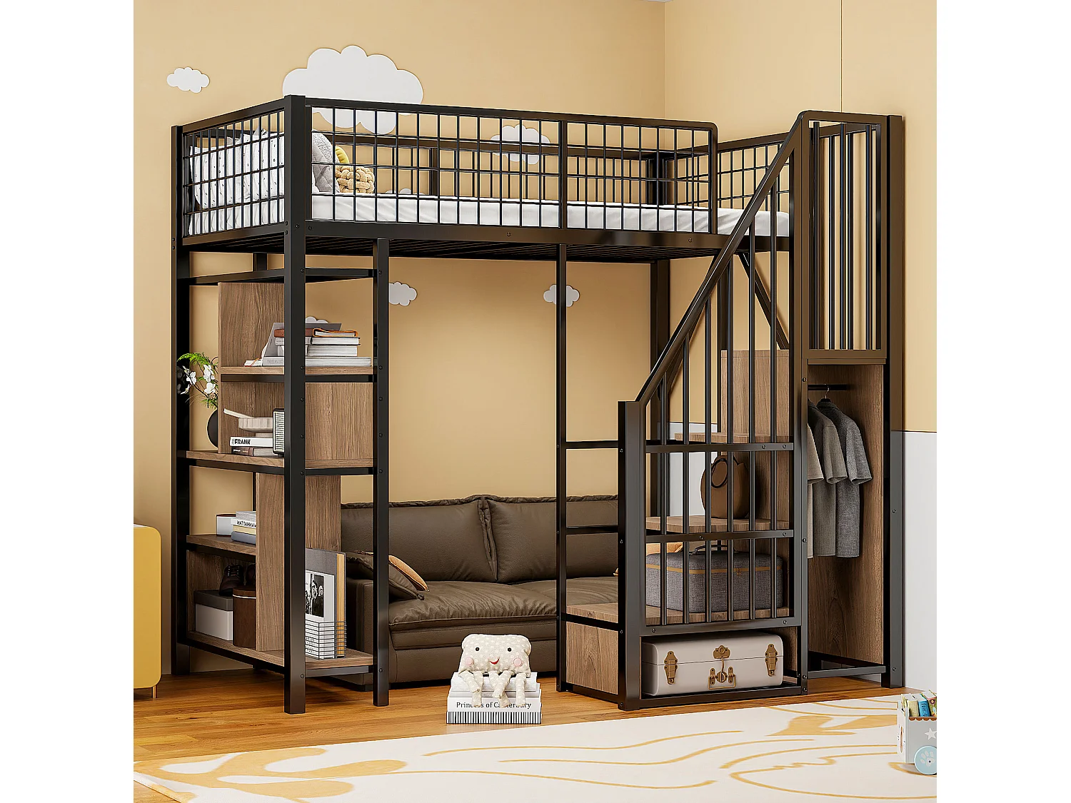 Hochbett 90 x 200 cm – Jugendbett mit Regalen und offenem Stauraum – schwarz