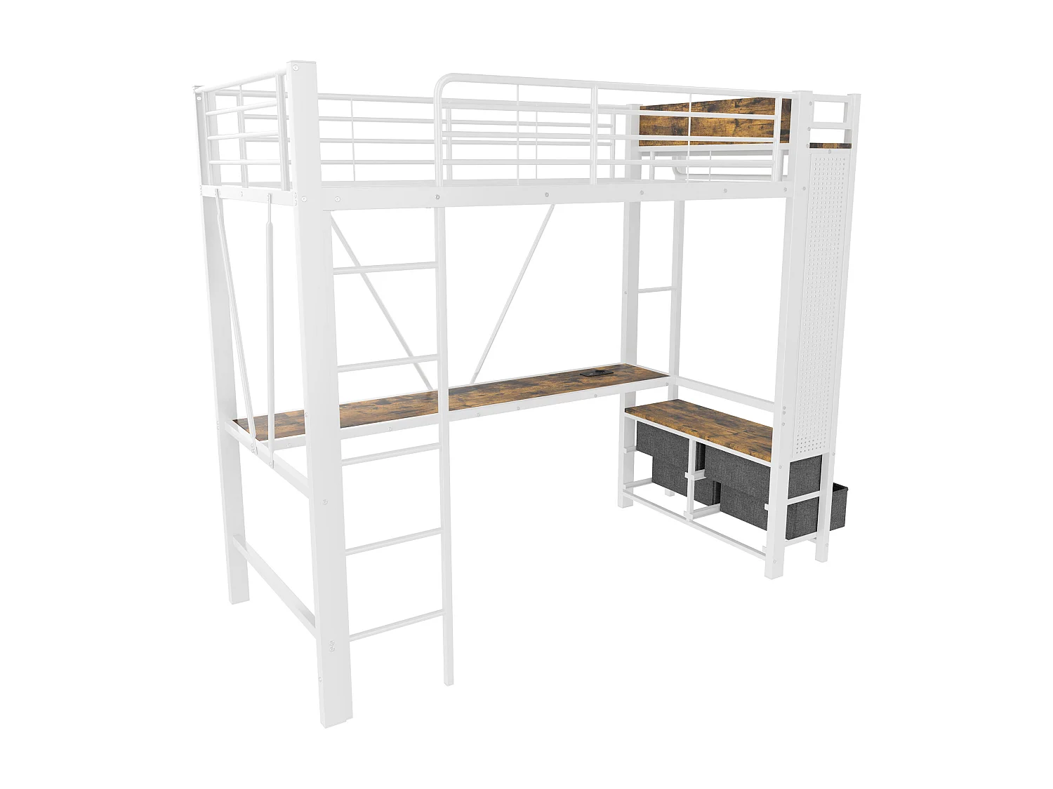 Hochbett 90 x 200 cm – Jugendbett mit Schreibtisch, 4 Schubladen, LED-Beleuchtung und USB-Anschluss – weiß – Matratze nicht enthalten