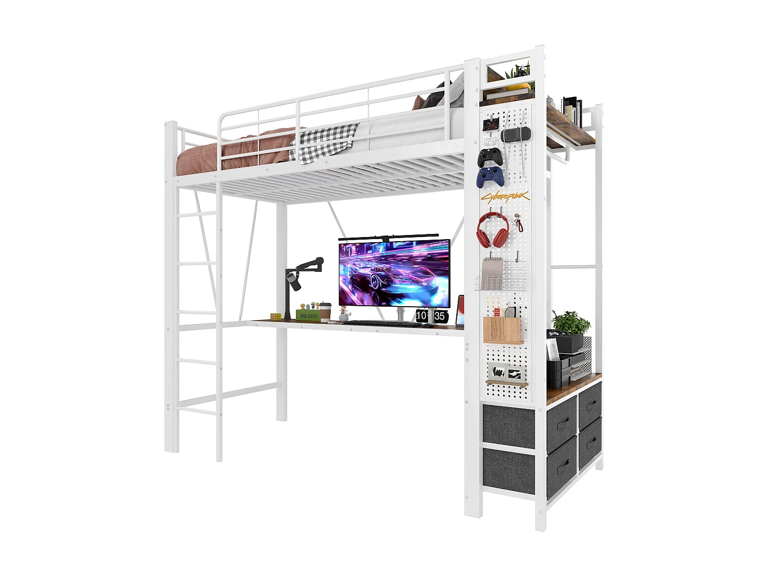 Hochbett 90 x 200 cm – Jugendbett mit Schreibtisch, 4 Schubladen, LED-Beleuchtung und USB-Anschluss – weiß – Matratze nicht enthalten