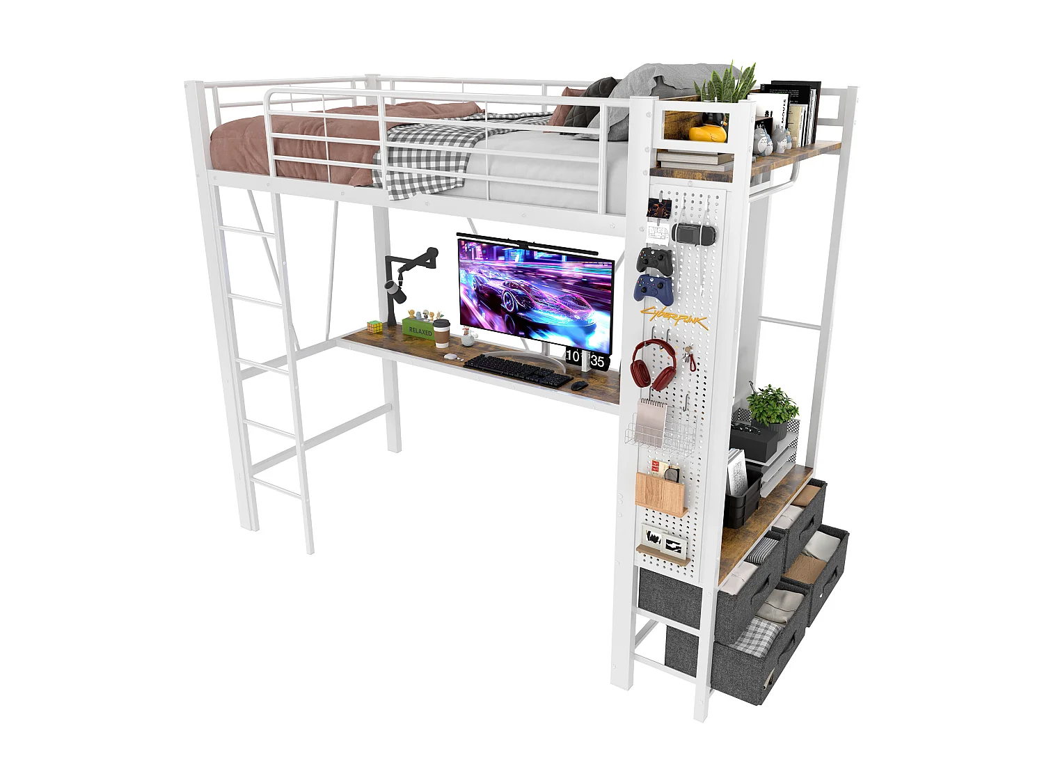 Hochbett 90 x 200 cm – Jugendbett mit Schreibtisch, 4 Schubladen, LED-Beleuchtung und USB-Anschluss – weiß – Matratze nicht enthalten