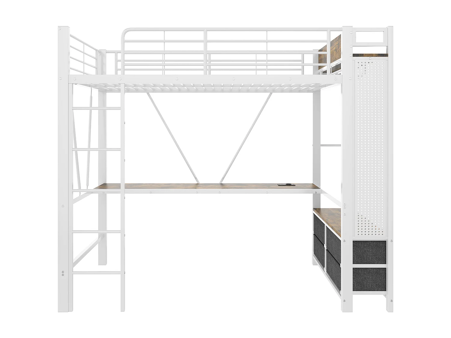 Hochbett 90 x 200 cm – Jugendbett mit Schreibtisch, 4 Schubladen, LED-Beleuchtung und USB-Anschluss – weiß – Matratze nicht enthalten