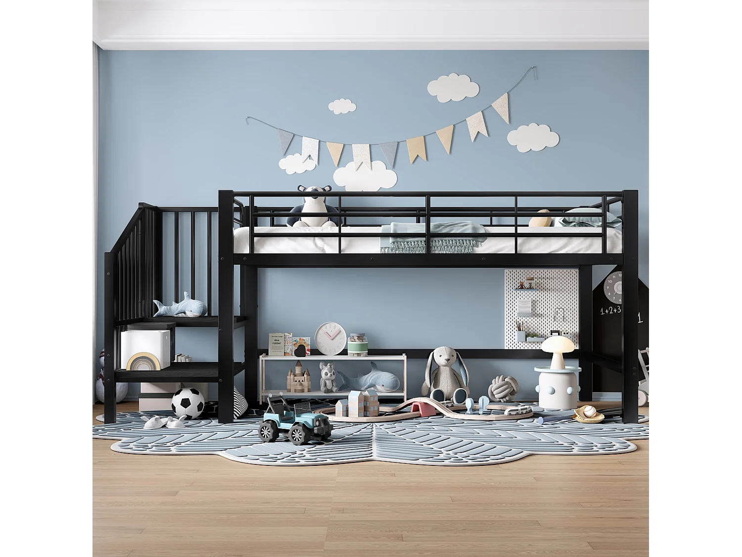 Hochbett 90x200 cm – Kinderbett mit Treppe und Schutzgitter, Lattenrost aus Metall – schwarz – Matratze nicht enthalten