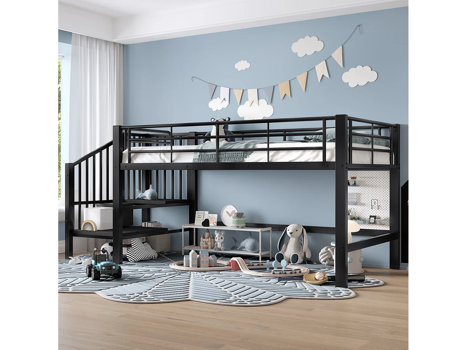 Hochbett 90x200 cm – Kinderbett mit Treppe und Schutzgitter, Lattenrost aus Metall – schwarz – Matratze nicht enthalten