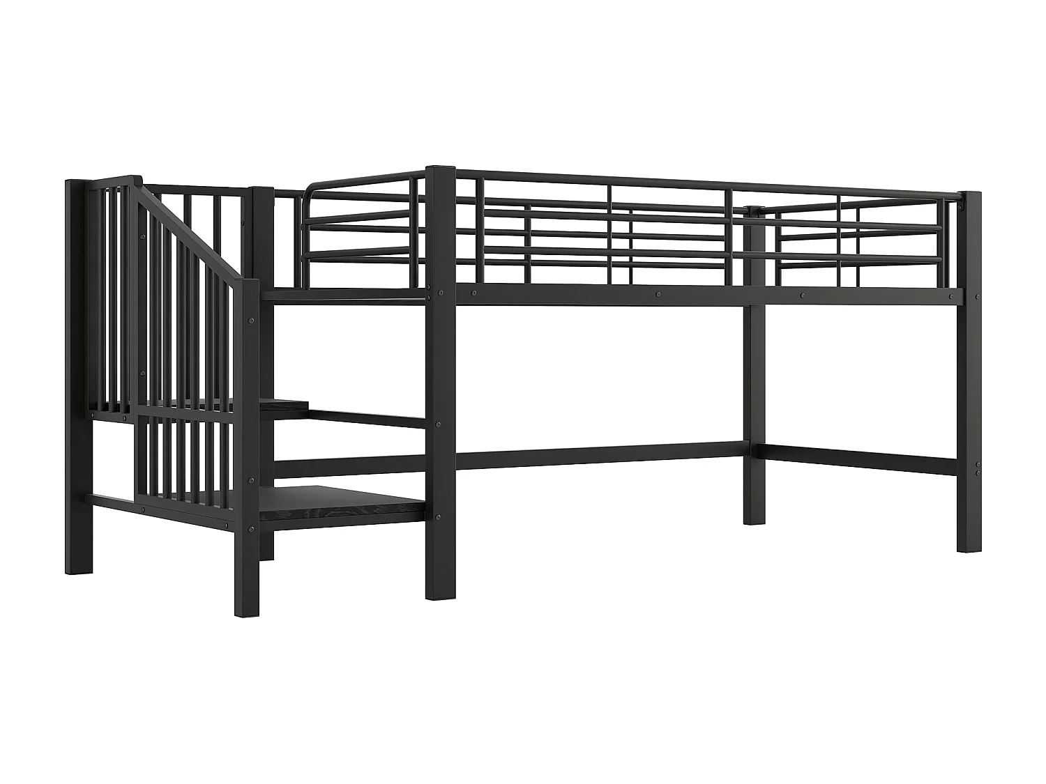 Hochbett 90x200 cm – Kinderbett mit Treppe und Schutzgitter, Lattenrost aus Metall – schwarz – Matratze nicht enthalten