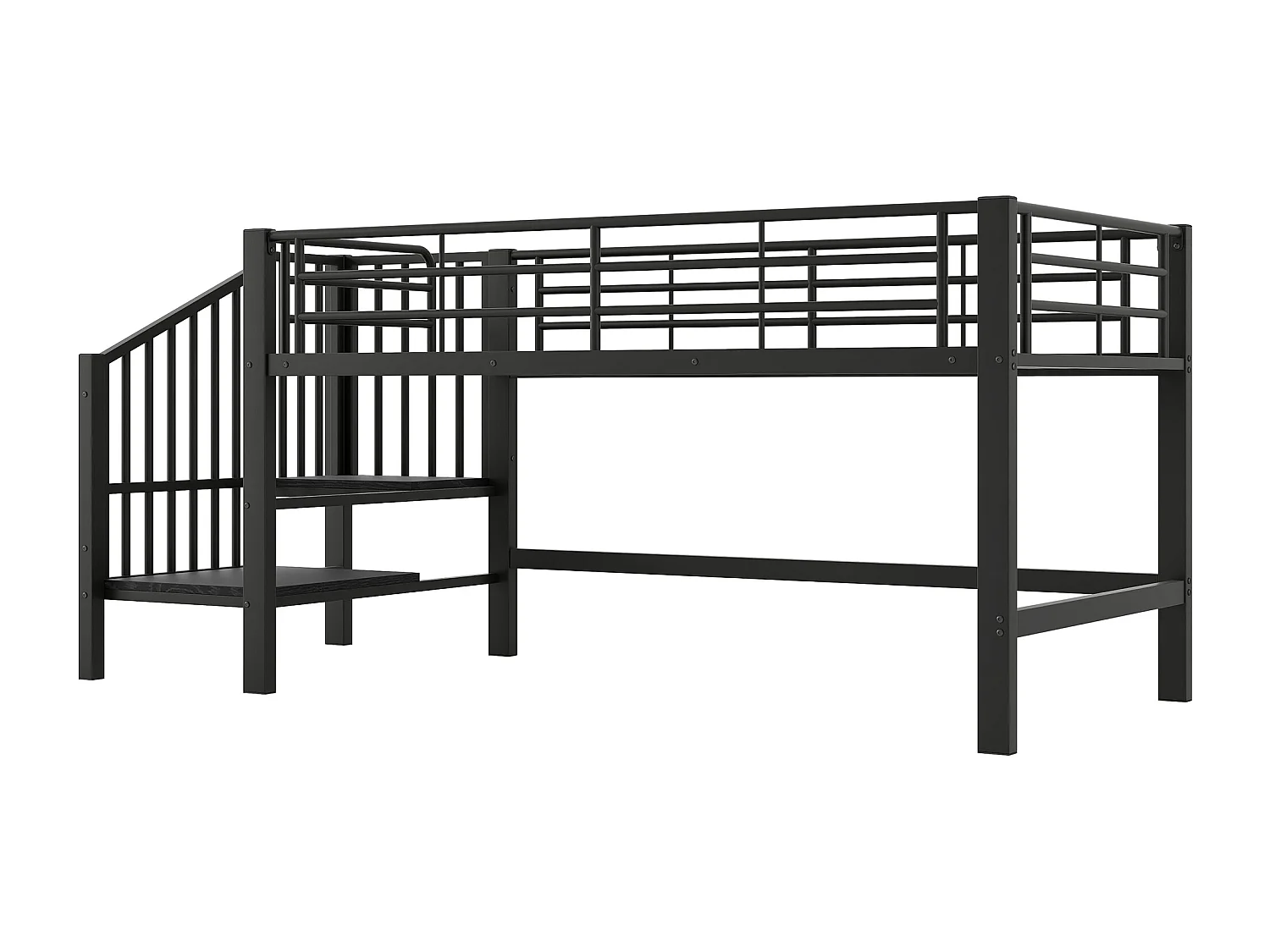 Hochbett 90x200 cm – Kinderbett mit Treppe und Schutzgitter, Lattenrost aus Metall – schwarz – Matratze nicht enthalten