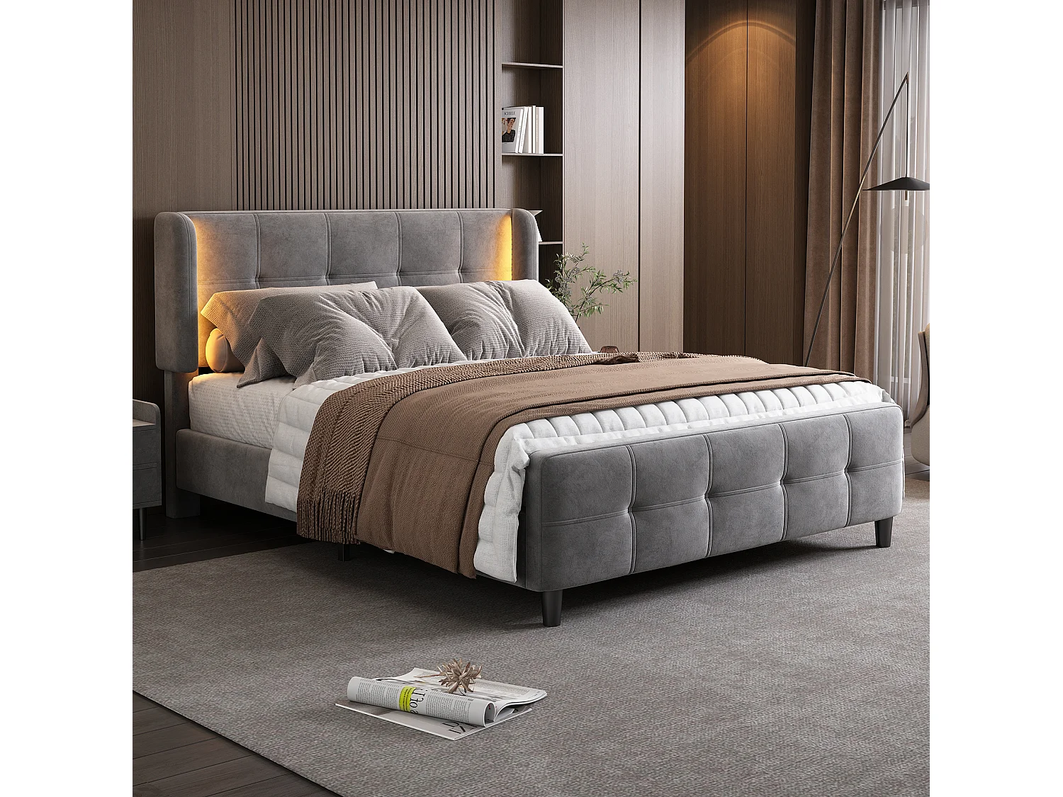 Łóżko dla dorosłych 140 x 200 cm – z zagłówkiem, oświetleniem LED, stelażem – aksamit – szare – bez materaca