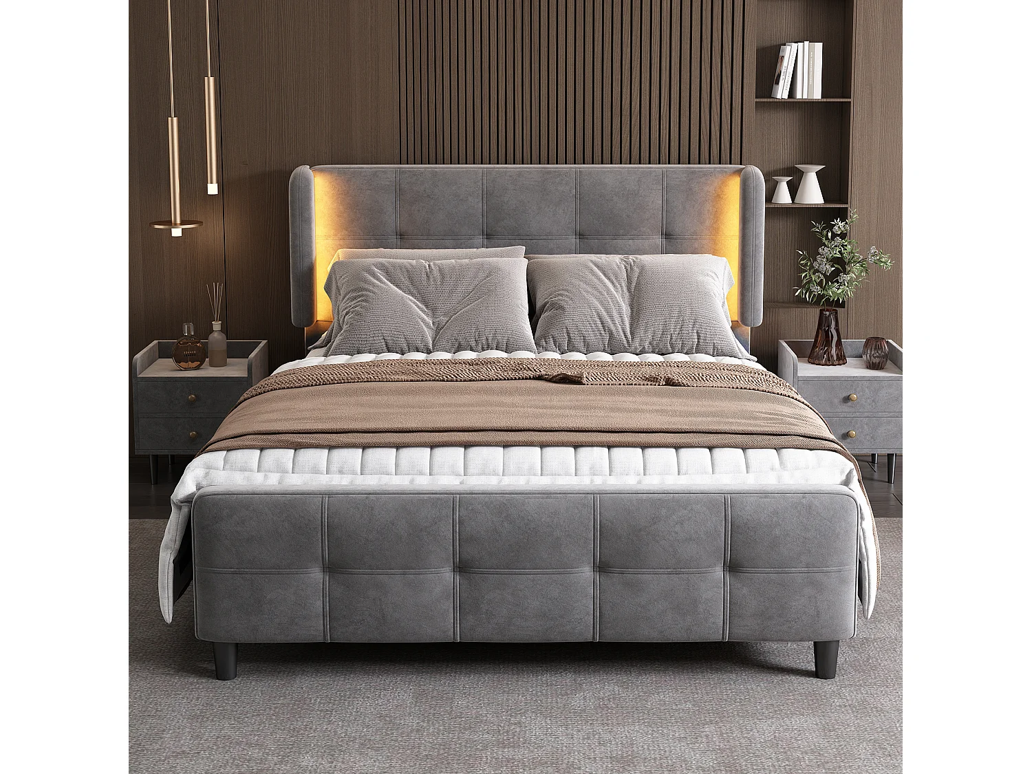 Łóżko dla dorosłych 140 x 200 cm – z zagłówkiem, oświetleniem LED, stelażem – aksamit – szare – bez materaca