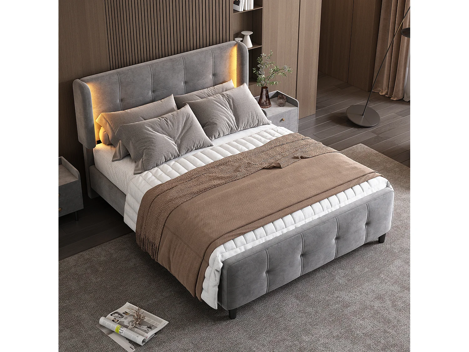 Łóżko dla dorosłych 140 x 200 cm – z zagłówkiem, oświetleniem LED, stelażem – aksamit – szare – bez materaca