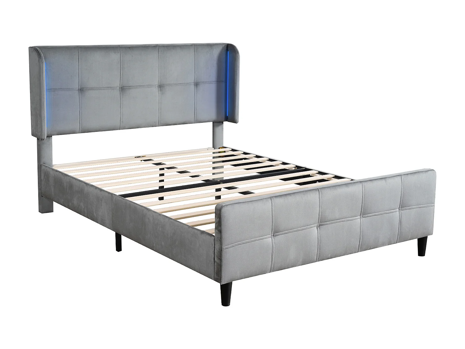Łóżko dla dorosłych 140 x 200 cm – z zagłówkiem, oświetleniem LED, stelażem – aksamit – szare – bez materaca