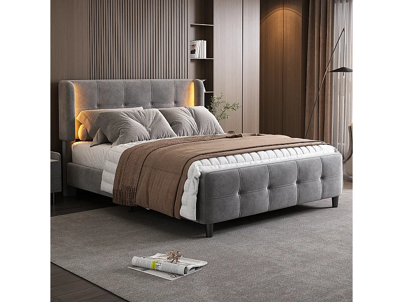 Łóżko dla dorosłych 140 x 200 cm – z zagłówkiem, oświetleniem LED, stelażem – aksamit – szare – bez materaca