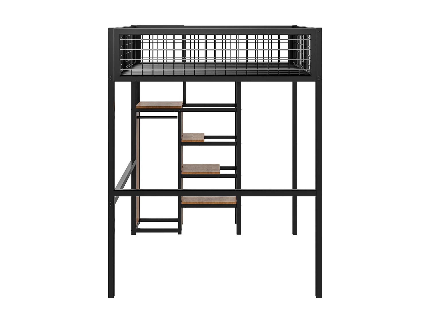 Hochbett 140 x 200 cm – mit Regalen und Lattenrost – schwarzes Metall – Matratze nicht enthalten