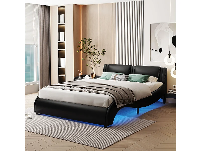 Lit adulte 140 x 200 cm - avec tête de lit, éclairage LED, sommier à lattes - en cuir synthétique - noir - sans matelas