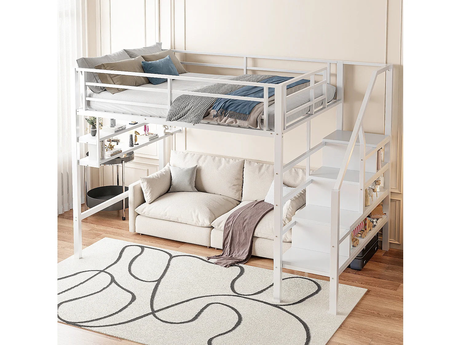 Bett mit erhöhtem Bettgestell 140 x 200 cm – mit Regalen und offenem Stauraum – weißes Metall – ohne Matratze Matratze