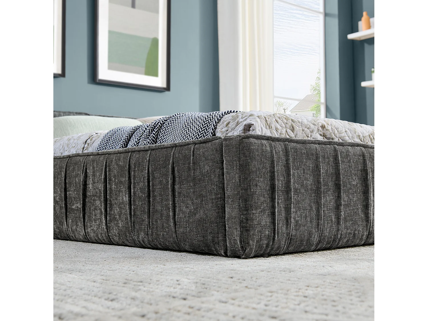 Volwassenenbed 160x200 cm - Tweepersoonsbed met lattenbodem - grijze chenille - matras niet inbegrepen