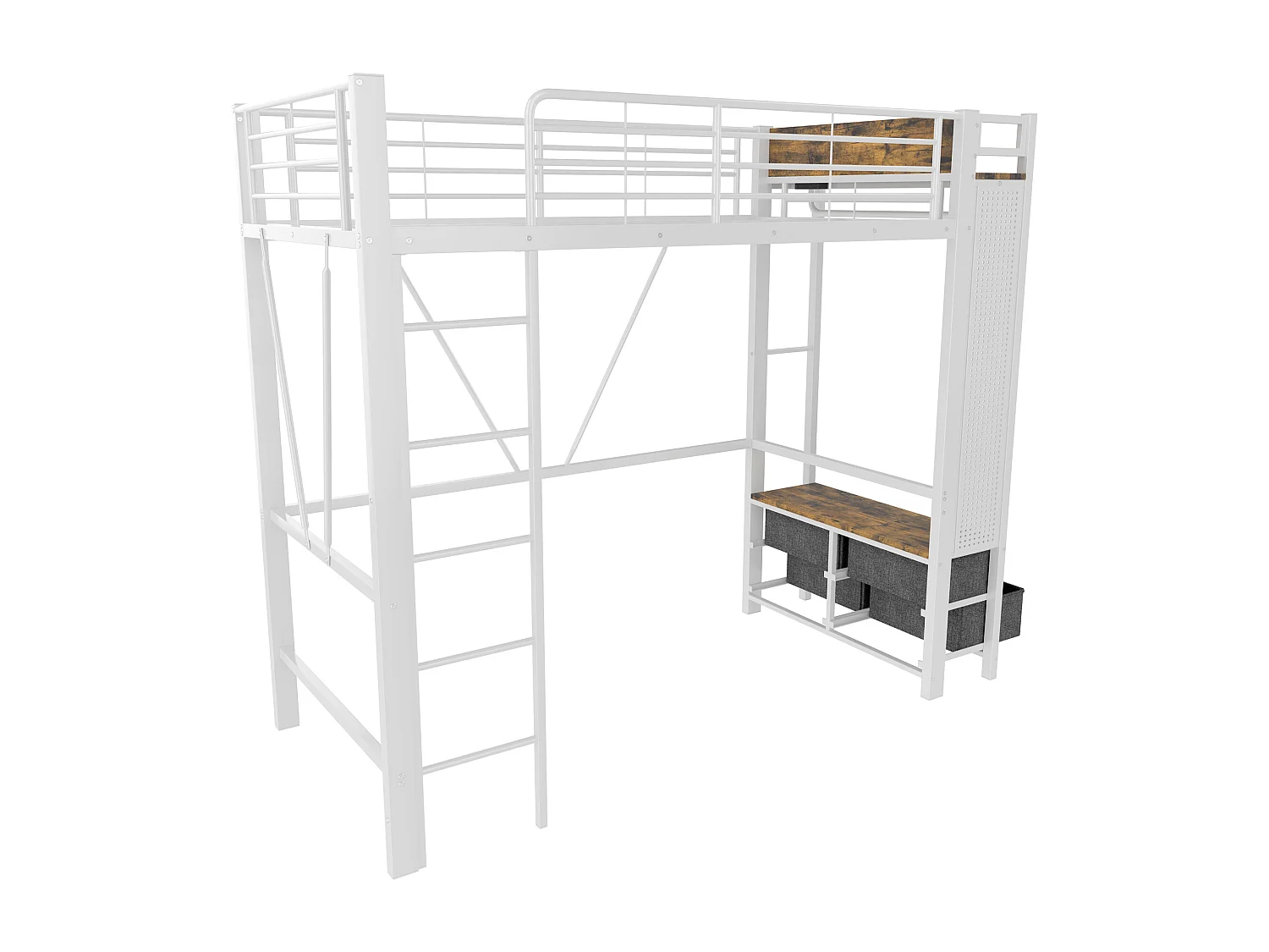 Hochbett 90 x 200 cm – Kinderbett mit 4 Schubladen und Kleiderstange – weißes Metallgestell – Matratze nicht enthalten