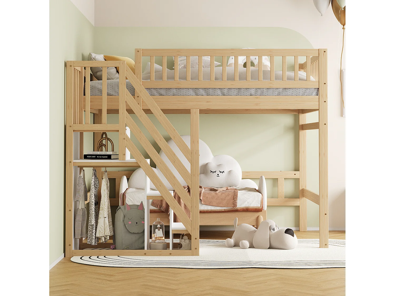 Hochbett 140x200 cm – Kinderbett mit Stauraum und Schutzgitter – Naturholz – Matratze nicht enthalten