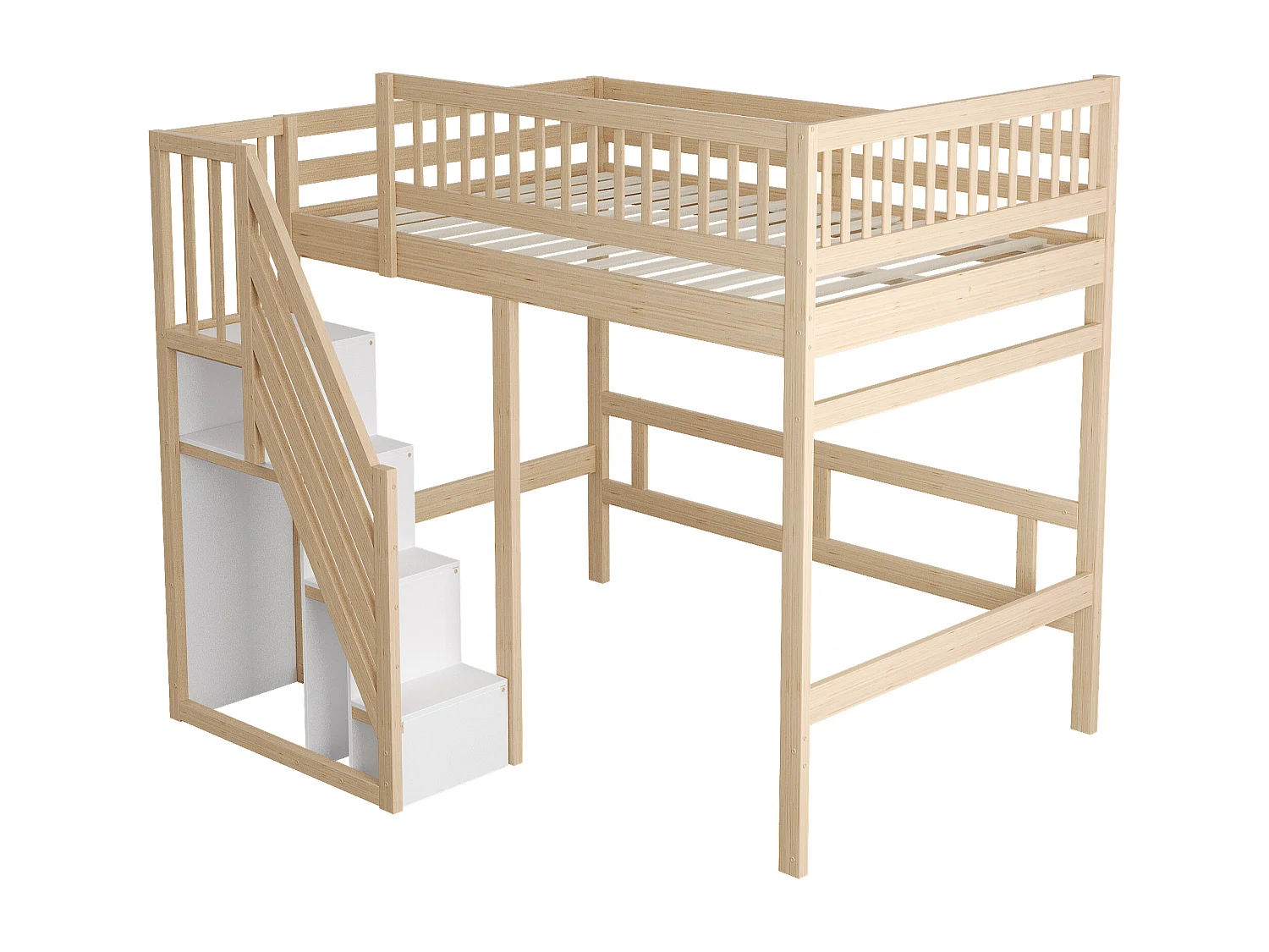 Hochbett 140x200 cm – Kinderbett mit Stauraum und Schutzgitter – Naturholz – Matratze nicht enthalten