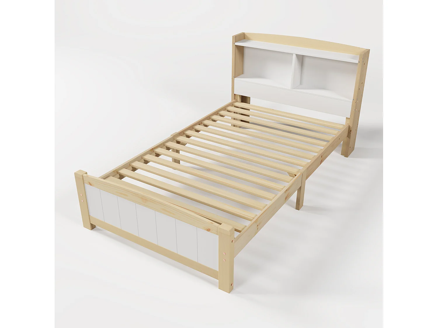 Łóżko dziecięce 90x200 cm - z zagłówkiem, schowkiem, półkami, stelażem - drewno - białe - materac w cenie