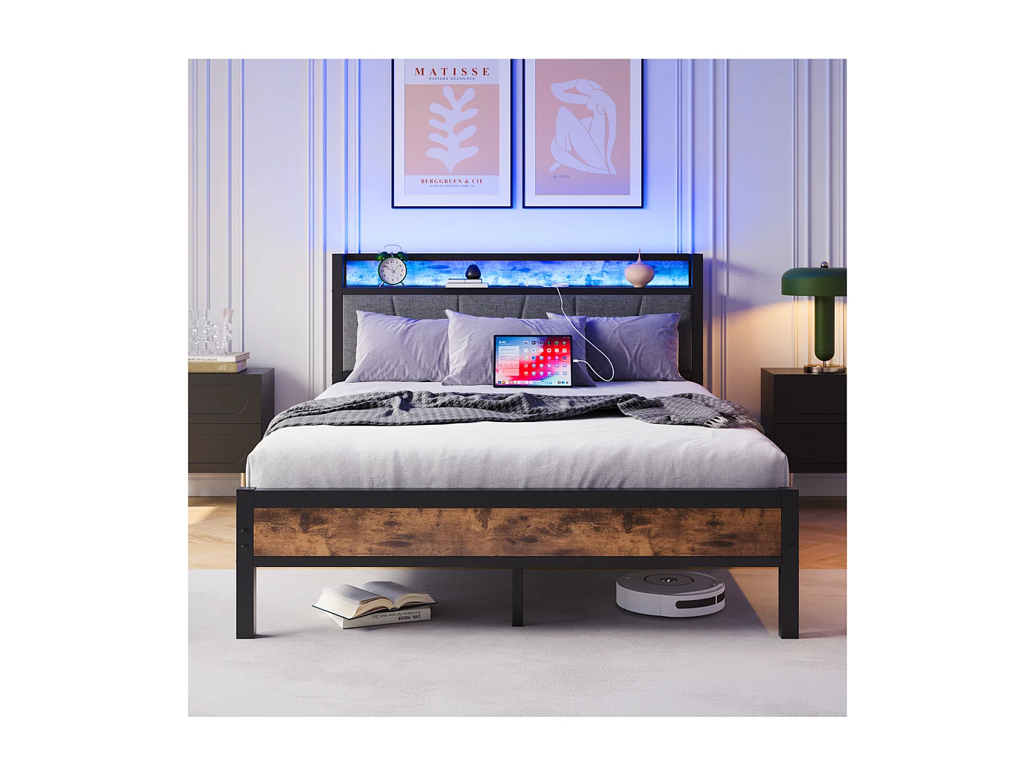 Łóżko dla dorosłych 140x200 cm - z zagłówkiem, diodami LED i gniazdem USB - brązowo-czarne - bez materaca