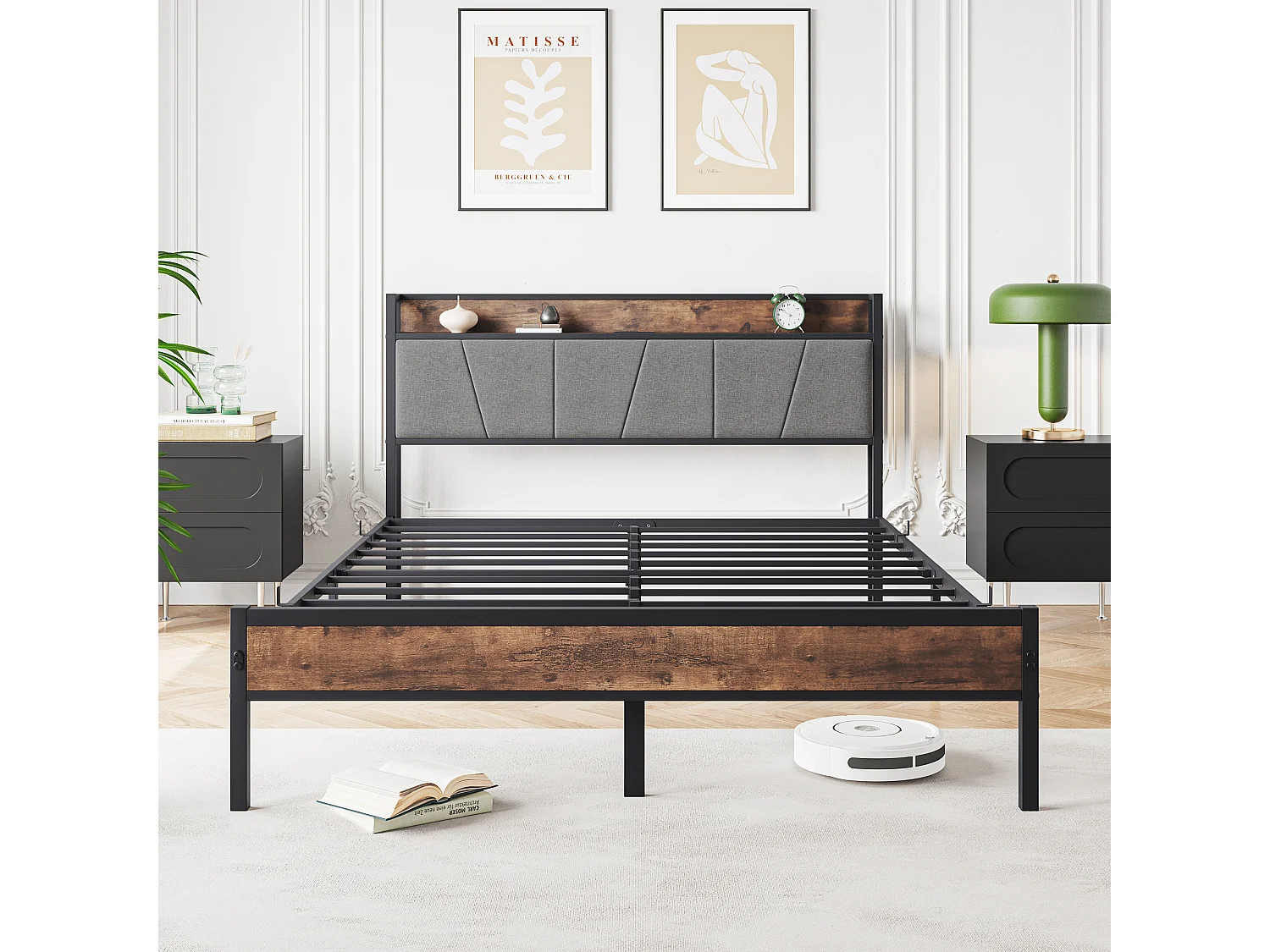 Łóżko dla dorosłych 140x200 cm - z zagłówkiem, diodami LED i gniazdem USB - brązowo-czarne - bez materaca