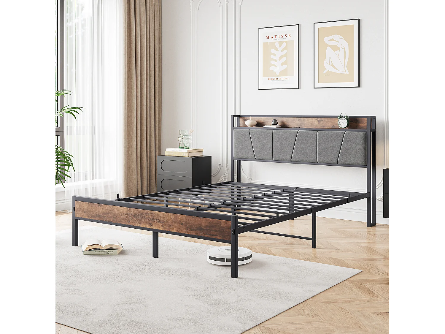 Łóżko dla dorosłych 140x200 cm - z zagłówkiem, diodami LED i gniazdem USB - brązowo-czarne - bez materaca