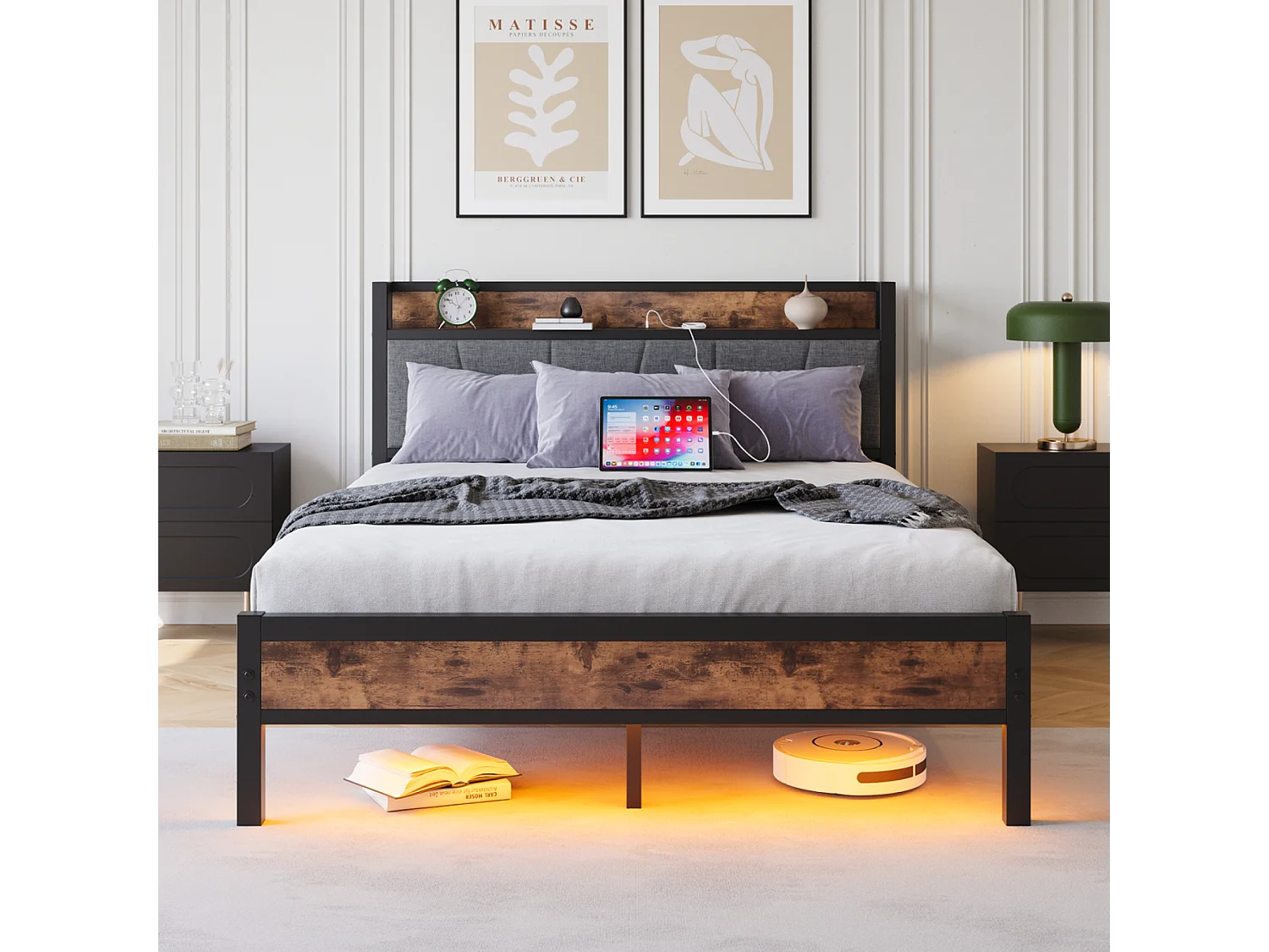 Łóżko dla dorosłych 140x200 cm - z zagłówkiem, diodami LED i gniazdem USB - brązowo-czarne - bez materaca