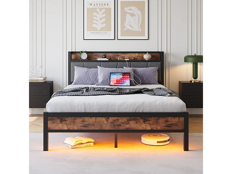 Łóżko dla dorosłych 140x200 cm - z zagłówkiem, diodami LED i gniazdem USB - brązowo-czarne - bez materaca