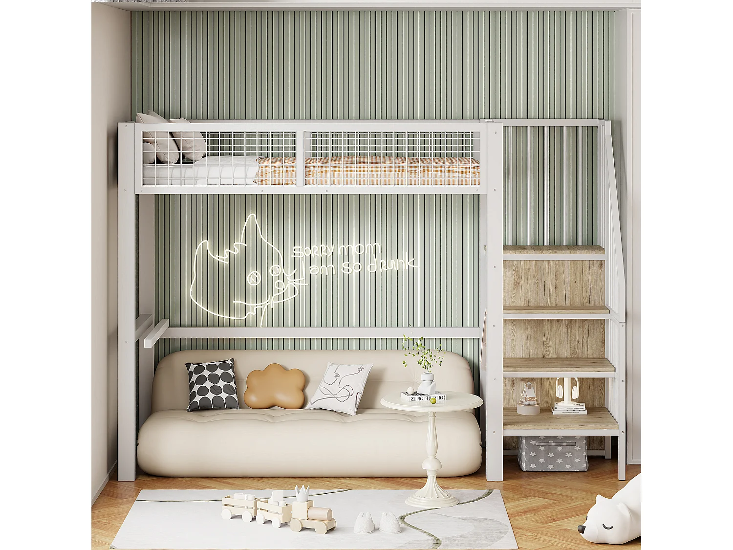 Hochbett 90 x 200 cm – mit Regalen und Lattenrost – weißes Metall – Matratze nicht enthalten