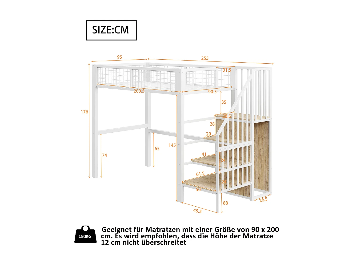 Hochbett 90 x 200 cm – mit Regalen und Lattenrost – weißes Metall – Matratze nicht enthalten